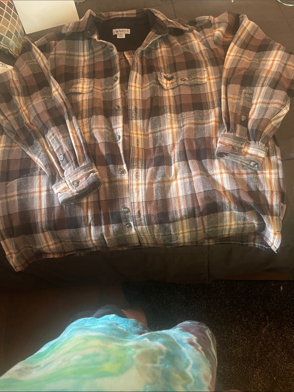 Carhartt Men’s Brown and Cream Plaid Button-Up Shirt